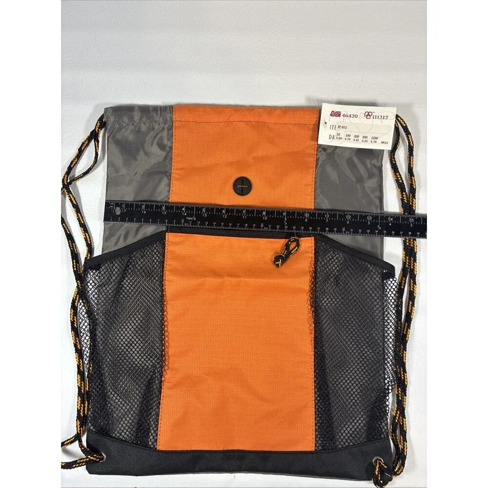 CMBags Orange Gray Drawstring Backpack Cinch Sack Mesh Pockets Front Zip Pockets